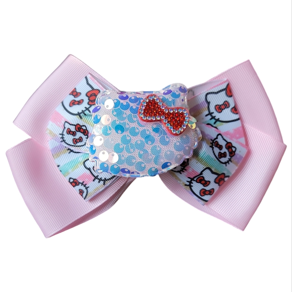 Cat Custom Handmade HK Sequins Ribbon and Rhinestone Pink Bow Hair Clip